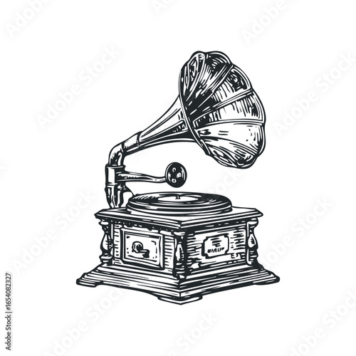 Vintage Gramophone with Horn and Turntable on Ornate Base