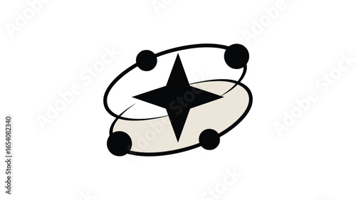 A stylized image featuring a black four pointed star surrounded by orbiting black circles and rings