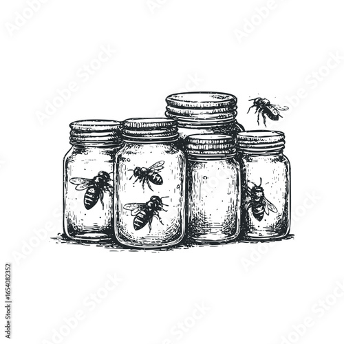 Hand Drawn Bees Inside and Around Glass Jars