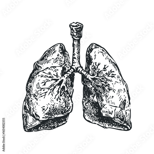 Black and white sketch of human lungs with trachea