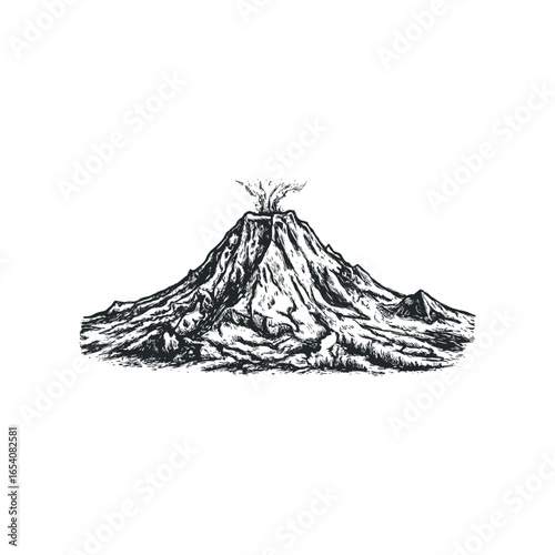 Volcanic mountain erupting with smoke and ash in a hand-drawn sketch style