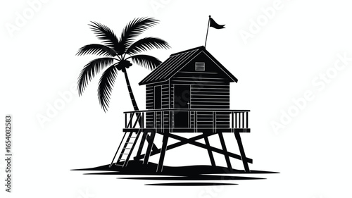 Silhouette of a lifeguard hut on stilts with a palm tree and flag against a white background scene