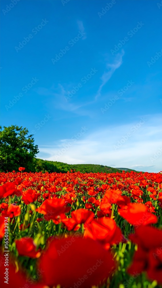 Fototapeta premium Red poppies field under a clear sky