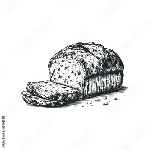 Sketch of sliced whole wheat bread loaf with seeds and crumbs