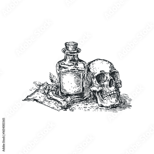 Macabre still life featuring a human skull, a bottle, and bones with foliage