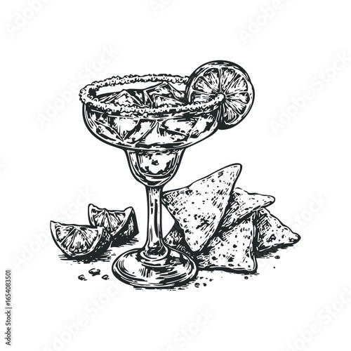 Hand drawn margarita cocktail with lime wedges and tortilla chips