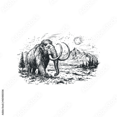 Mammoth in a grassy landscape with distant mountains and moon