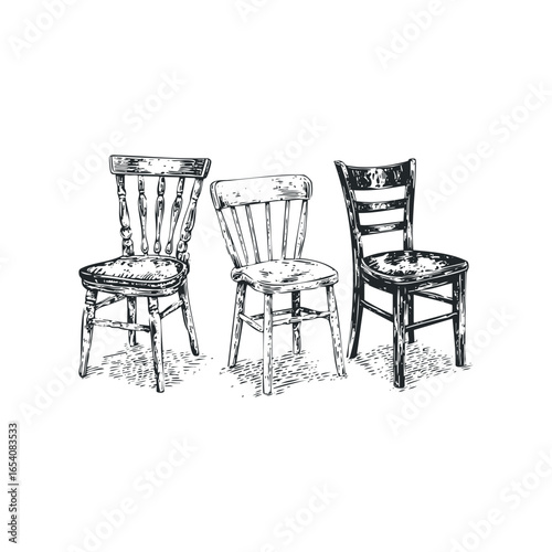Three wooden chairs in a row with textured seats and turned legs