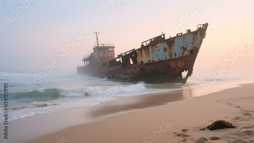 Rusty Shipwreck on a Sandy Beach at Sunset