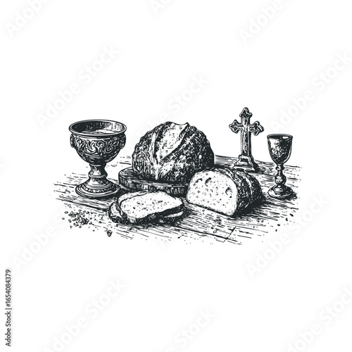 Communion elements bread chalice cross detailed sketch
