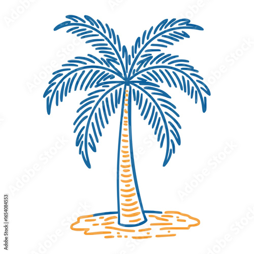 Palm tree icon, doodle illustration, blue and orange, tropical -