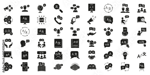 Language Translation And Communication Solid Icon Set. Global Language Learning And Translation Services Silhouette Symbol Collection. Education Integration. Isolated Vector Illustration