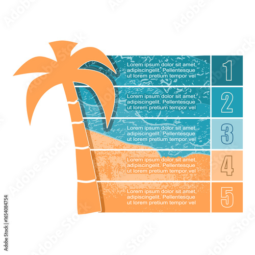 Palm tree with five features or option of project to select. Minimal infographic for travel and leisure activity information visualization.