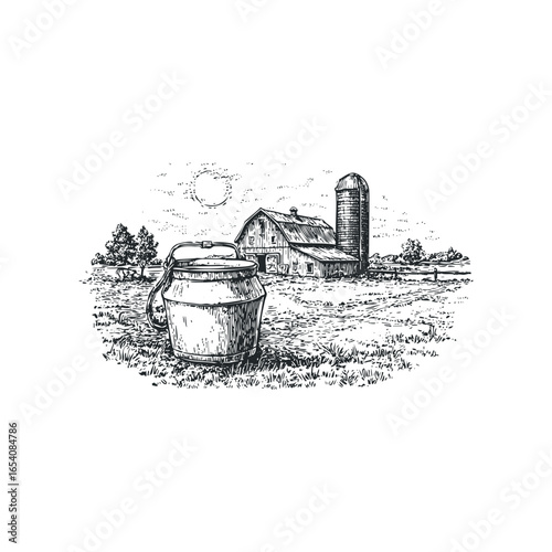 Farm Scene with Milk Can and Barn in Stylized Sketch
