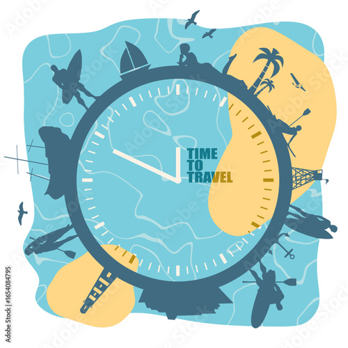 Circle with tropical recreation relative silhouettes. Objects located around the analog clock face. Human posing with surfboard,cruise ship, palm and lifeguard tower. Time to travel text