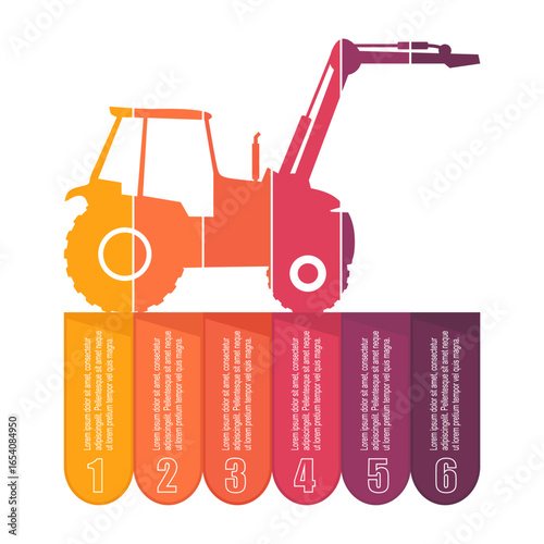 Agricultural machinery. Vehicle for field farm work. Industrial tractor transport icon with six features or option of project to select. Infographic for business information visualization.
