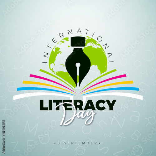 International Literacy Day Banner Illustration with Open Book Symbol, Pen and Earth Globe on Light Background. Vector Education, Learning and Knowledge Design with Typography Lettering for Greeting