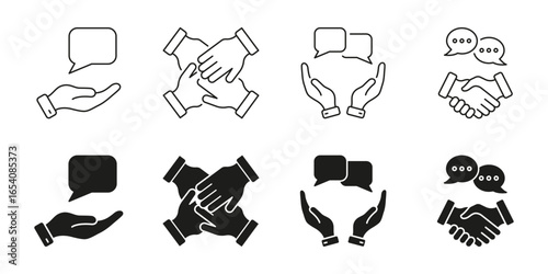 Hand Gestures And Communication Line And Solid Icon Set. Collaboration, Teamwork, And Dialogue Symbol Collection. Business Interaction And Partnership Concepts. Isolated Vector Illustration