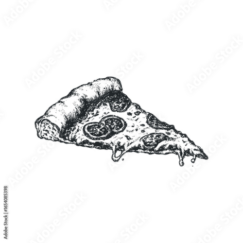 Hand drawn sketch of a cheesy pizza slice with dripping mozzarella