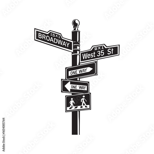 Famous Broadway and West 35th Street sign in New York City. Vector illustration of an urban intersection with one way and pedestrian signals, isolated on a transparent background.
