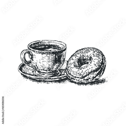 Espresso Cup and Seeded Bagel in Sketch Style