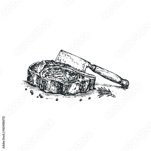 Hand drawn sketch of a raw steak with a butcher knife and peppercorns