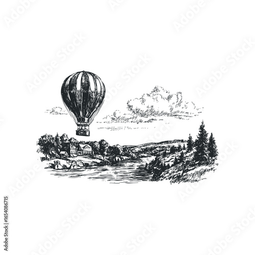 Sketch of hot air balloon floating above river valley with trees and houses