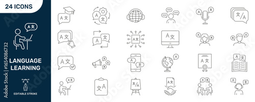Language Study And Learning Tools Line Icon Set. Bilingual Education And Speech Practice Outline Symbols. Editable Stroke. Isolated Vector Illustration