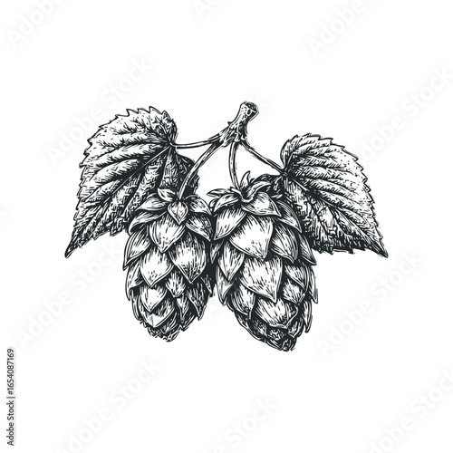 Vintage Style Sketch of Hops Cones with Leaves on White Background