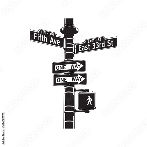 Iconic New York City street sign at the intersection of Fifth Avenue and East 33rd Street, featuring one way and pedestrian crosswalk signals. Black vector silhouette illustration.
