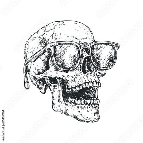 Hand drawn sketch of a skull wearing sunglasses with open mouth
