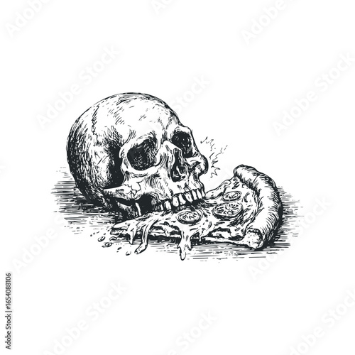 Black and white sketch of a skull biting a slice of dripping pizza