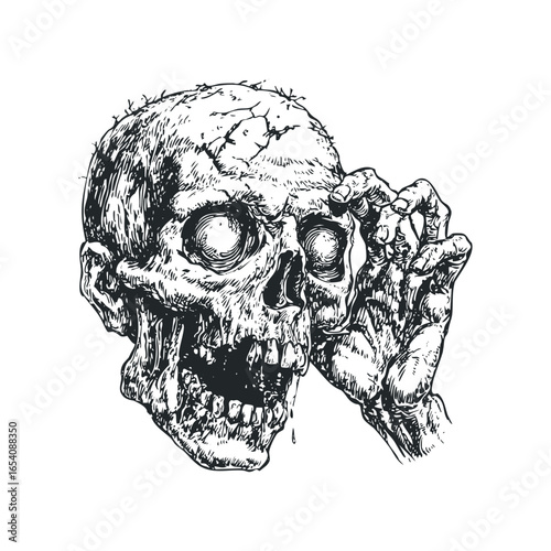 Disturbing Black and White Illustration of a Gruesome Skull with Cracked Bone Texture