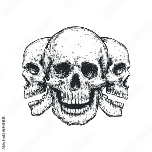 Three Ink Drawn Human Skulls Together with Open Jaws