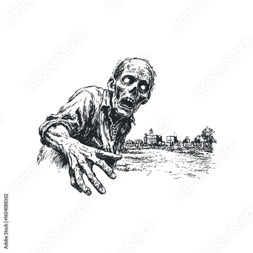 Distressed zombie reaching out from a graveyard with classical architecture in the background