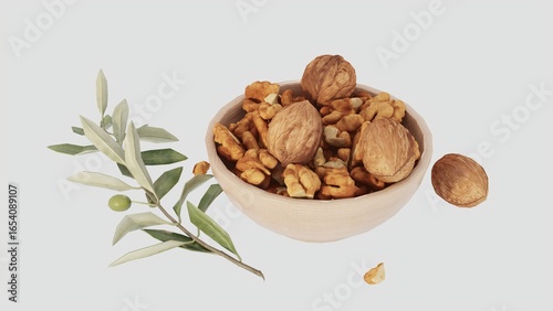 Wallpaper Mural Natural walnuts in wooden bowl with olive branch on white background Torontodigital.ca