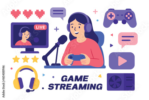 Female Gamer Streaming Online with Headset and Game Controller