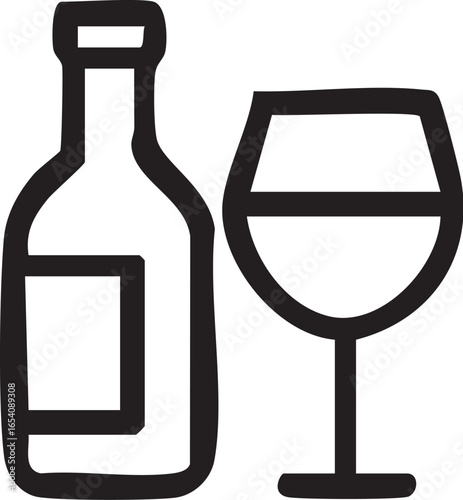A simple black line icon of a wine bottle with a blank label beside a stemmed wine glass.