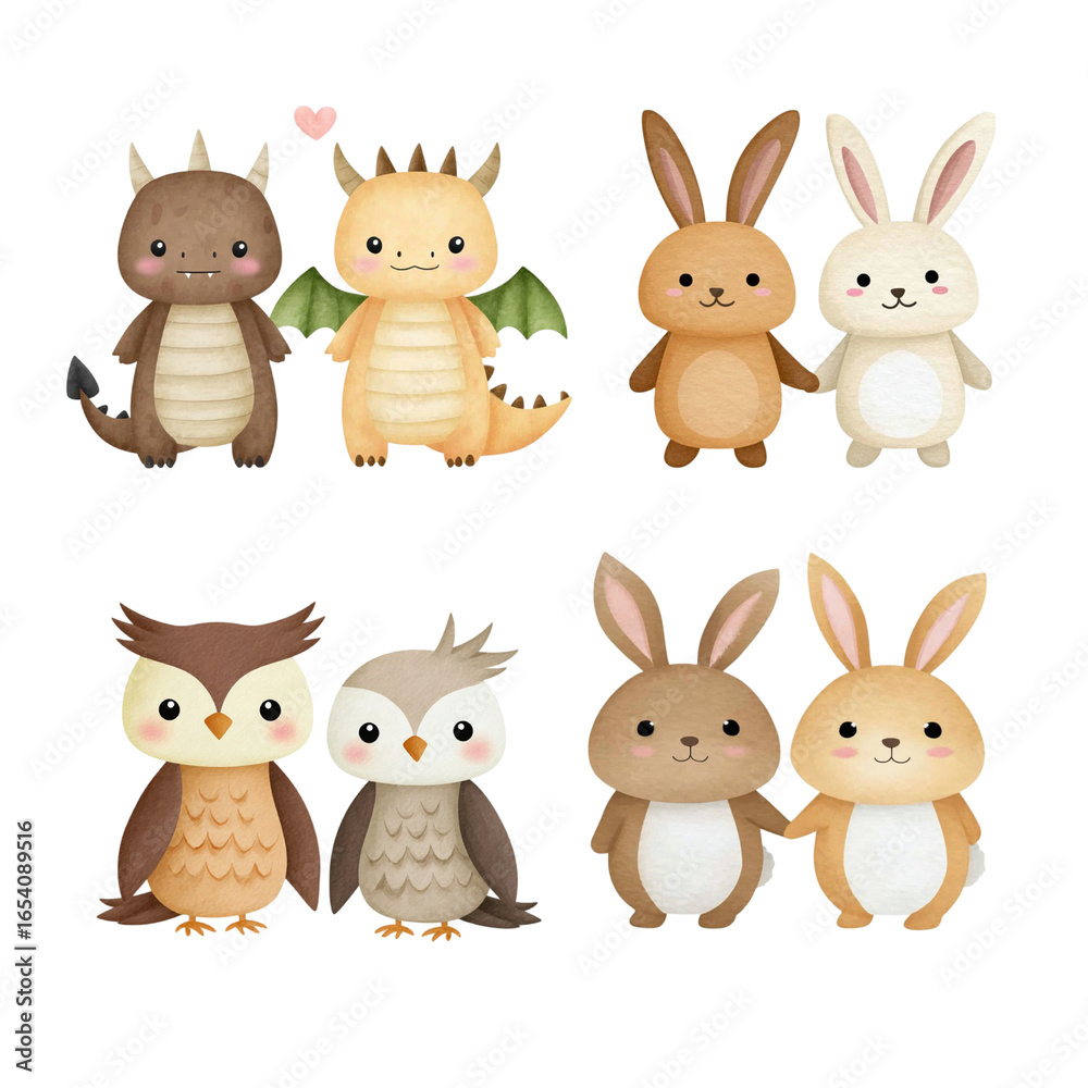 Naklejka premium Cute cartoon animals including dragons, bunnies, and owls in lovely pairs. Animals isolated on white background, Transparent Background