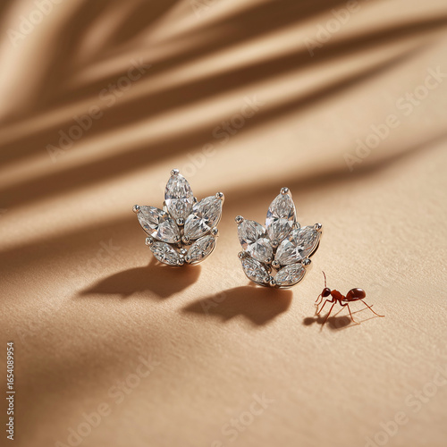 Diamond Leaf Earrings and Ant on Tan Background