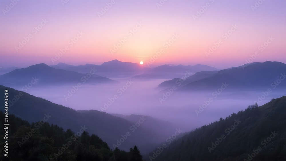 Obraz premium Sunrise Over Misty Mountain Valleys