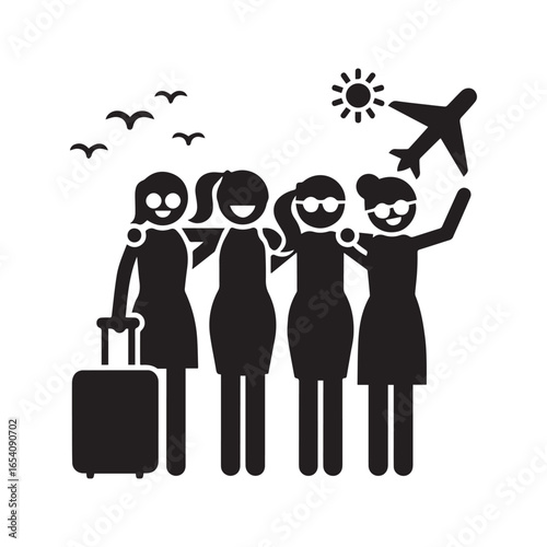 Group of women friends with luggage traveling on vacation, female tourists on holiday trip silhouette icon.
