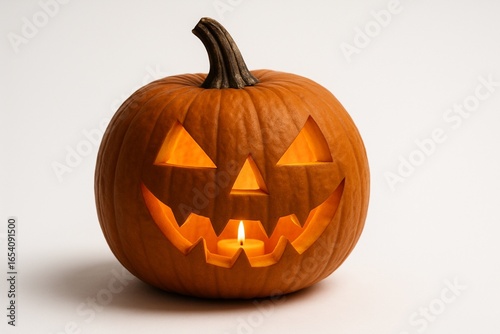 Gruseliger Halloweenkürbis auf weißem Hintergrund mit brennender Kerze und leuchtenden Augen