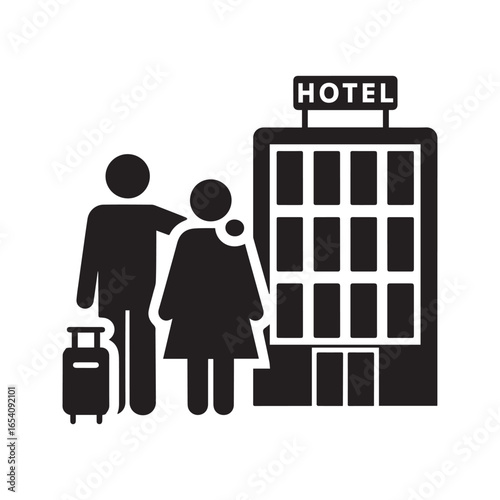 Couple with luggage arriving at a hotel, man and woman travelers on vacation checking into accommodation icon.
