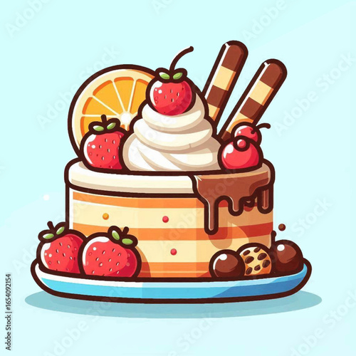 A cartoon cake with orange slices whipped cream chocolate strawberries chocolatecovered wafers and chocolate balls on a blue plate