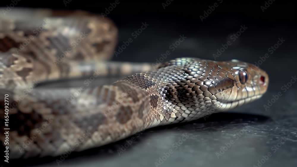 Intricate brown patterned snake head close-up. Detailed scales and reptilian eye on a dark background, highlighting wild beauty. Intricate brown patterned snake head close-up. Detailed scales and reptilian eye on a dark background, highlighting wild beauty.