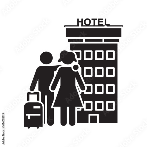 Couple with luggage arriving at a hotel, man and woman travelers on vacation checking into accommodation icon.
