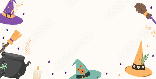 Halloween frame with witch hats, broom and cauldron. cartoon banner template.