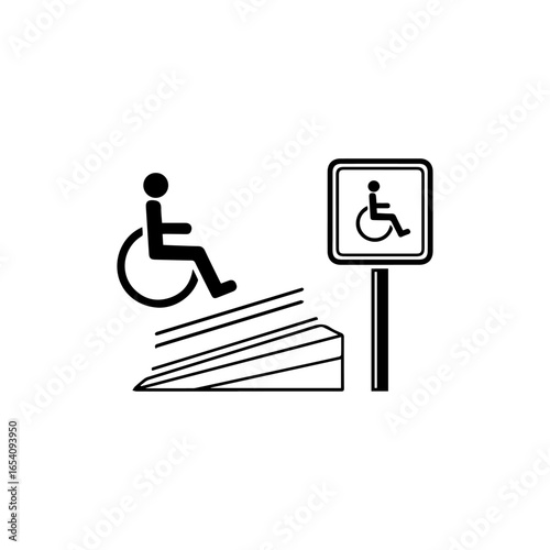 A wheelchair symbol descends stairs on an accessible ramp near a handicapped sign