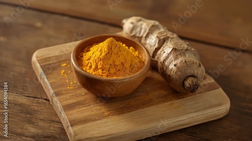 Turmeric powder and root on wooden cutting board	
